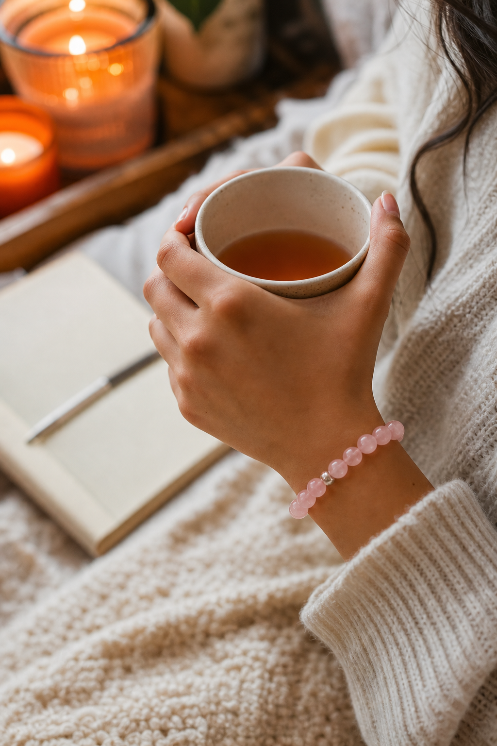 A person wearing a rose quartz bracelet while holding a cup of tea in a cozy setting, soft lighting. Alt: Rose quartz love bracelet as a self-care gift idea for 2026.