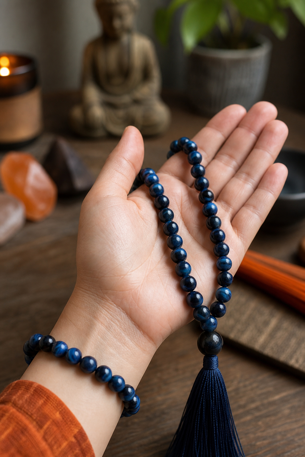 A close‑up of a hand wearing a blue tiger eye beaded necklace, soft natural lighting highlighting the blue beads, background of a calm indoor meditation space. Alt: blue tiger eye crystal bracelet for anxiety relief