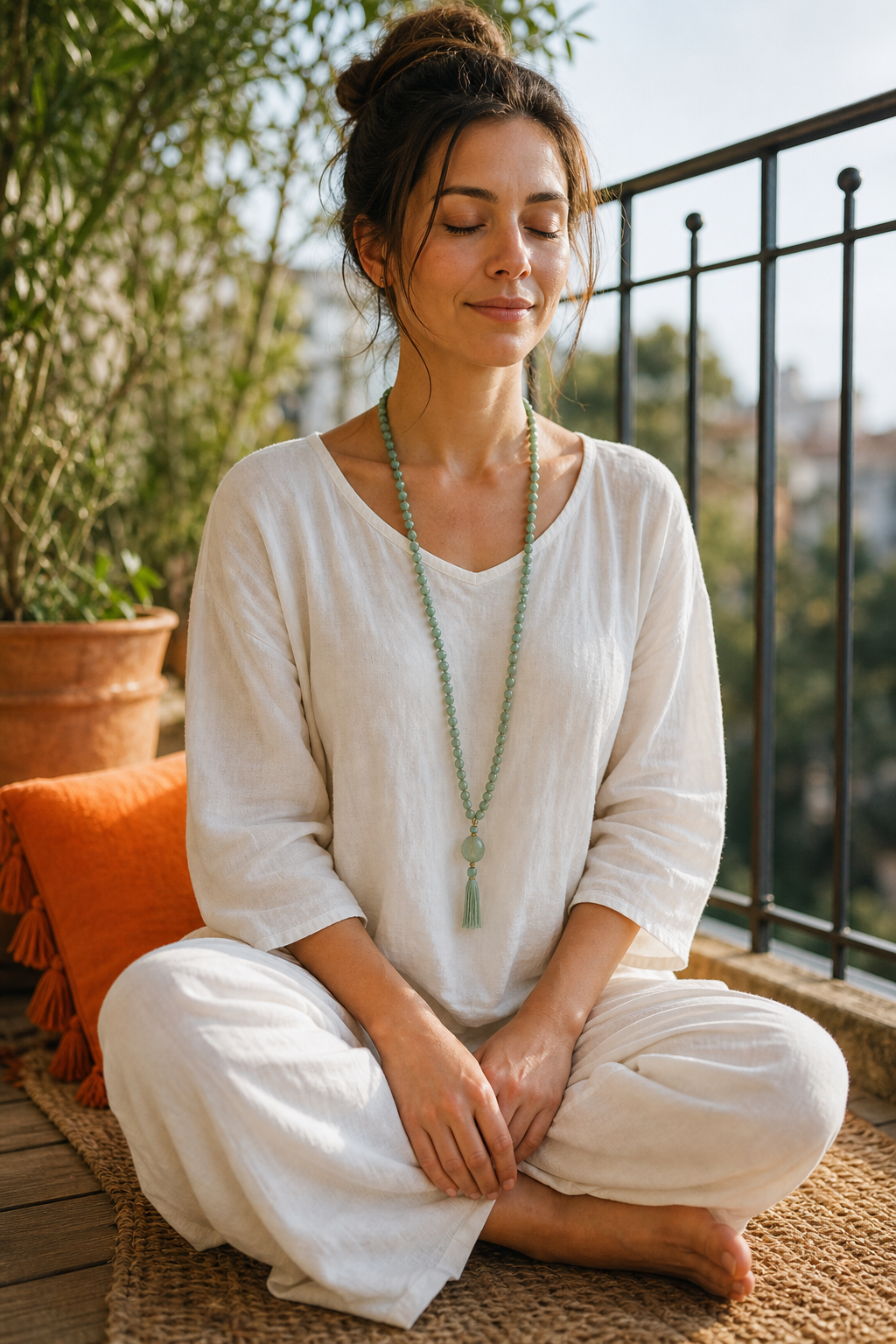 A serene portrait of a person sitting cross‑legged on a balcony, wearing a long green jade aventurine necklace that catches the soft afternoon light. Alt: green jade aventurine crystal necklace for anxiety balance