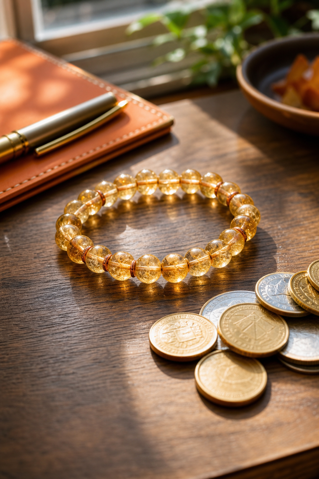 A photorealistic close-up of a warm golden citrine bracelet resting on a wooden desk next to a small pile of coins, natural sunlight streaming in from a window. Alt: Citrine bracelet for wealth attraction on a desk with coins