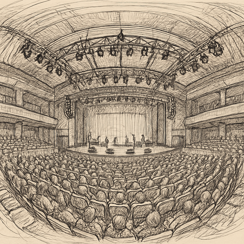 A panoramic view of a concert hall captured with a 360° camera, showing the stage, lighting rigs, and audience seating. Alt: visite virtuelle 360 salle de concert capture d'équipement professionnel