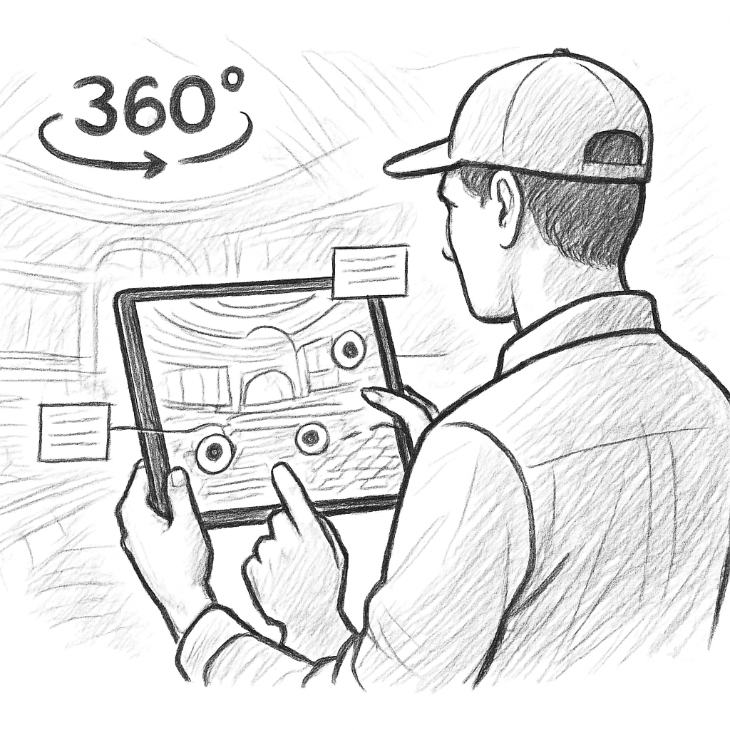 A technician using a tablet to explore a 360° virtual tour of a concert hall, focusing on hotspots and annotations. Alt: visite virtuelle 360 salle de concert optimisation SEO