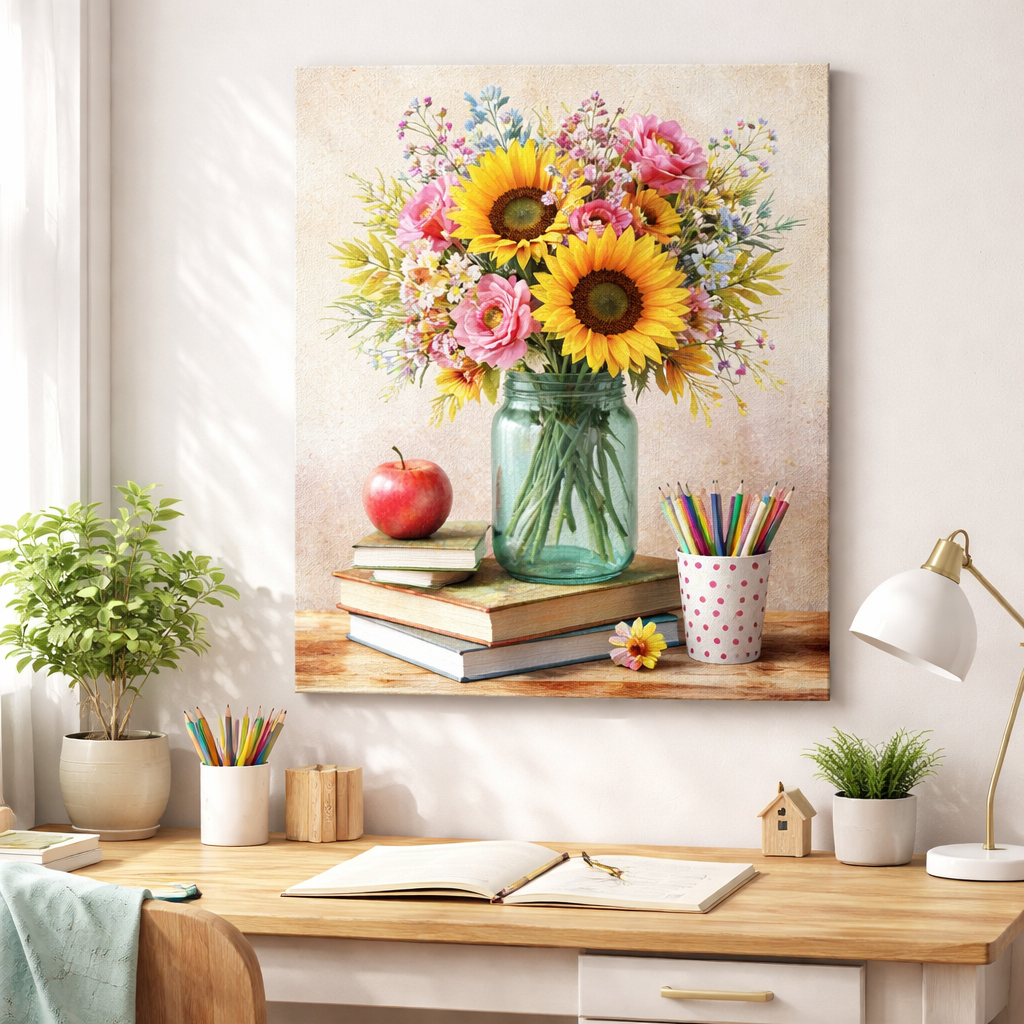 A photorealistic scene of a bright home office wall with a freshly printed custom canvas art piece displayed above a desk, showing close‑up texture of the canvas material and vivid ink colors, realistic lighting, appealing to moms and teachers.