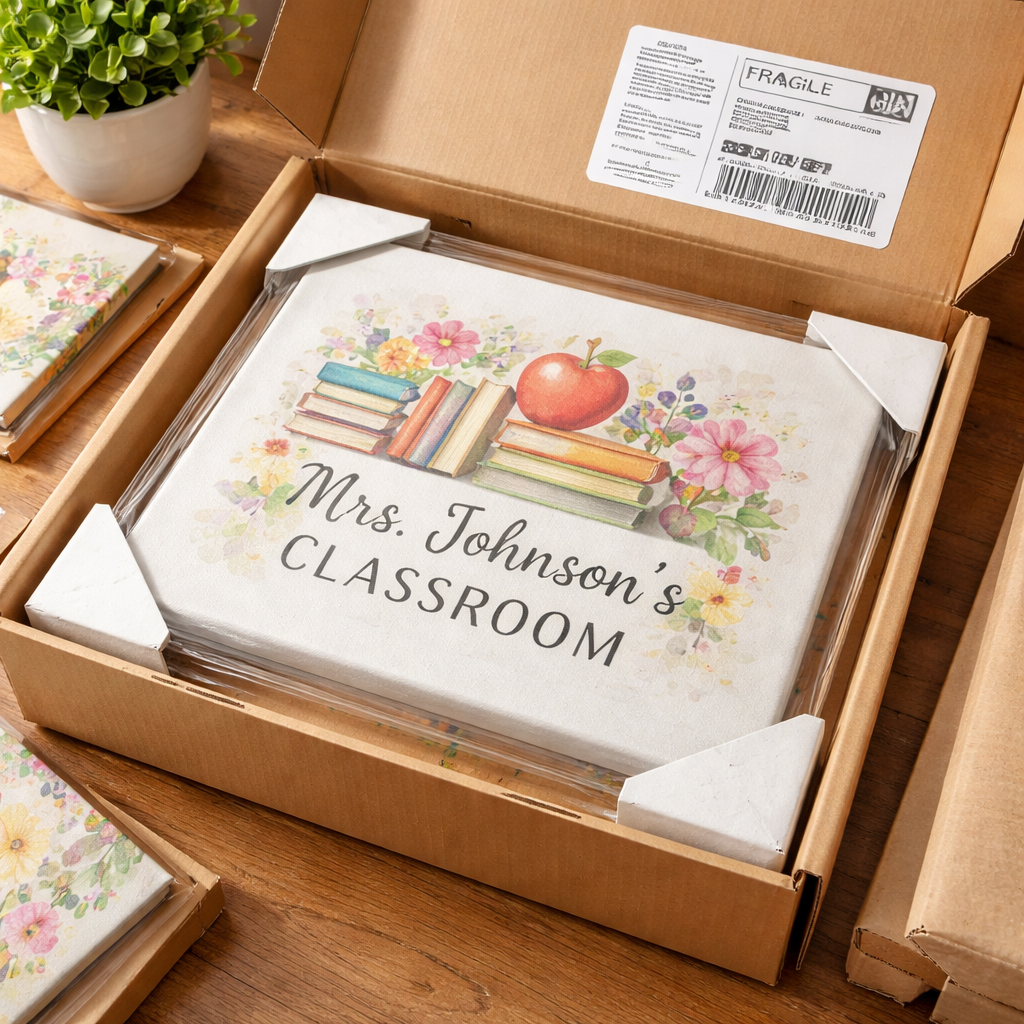 A photorealistic scene of a packaged custom canvas art print on demand ready to ship, showing a sturdy box with protective sleeves and a label, realistic lighting, appealing to moms and teachers. Alt: Custom canvas art print on demand packaged for safe delivery.