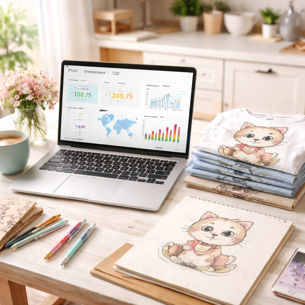 A photorealistic scene of a bright kitchen table with a laptop open to a POD dashboard, a sketch of a cartoon character beside a stack of printed t‑shirts, soft natural light, realistic style, appealing to moms and teachers.