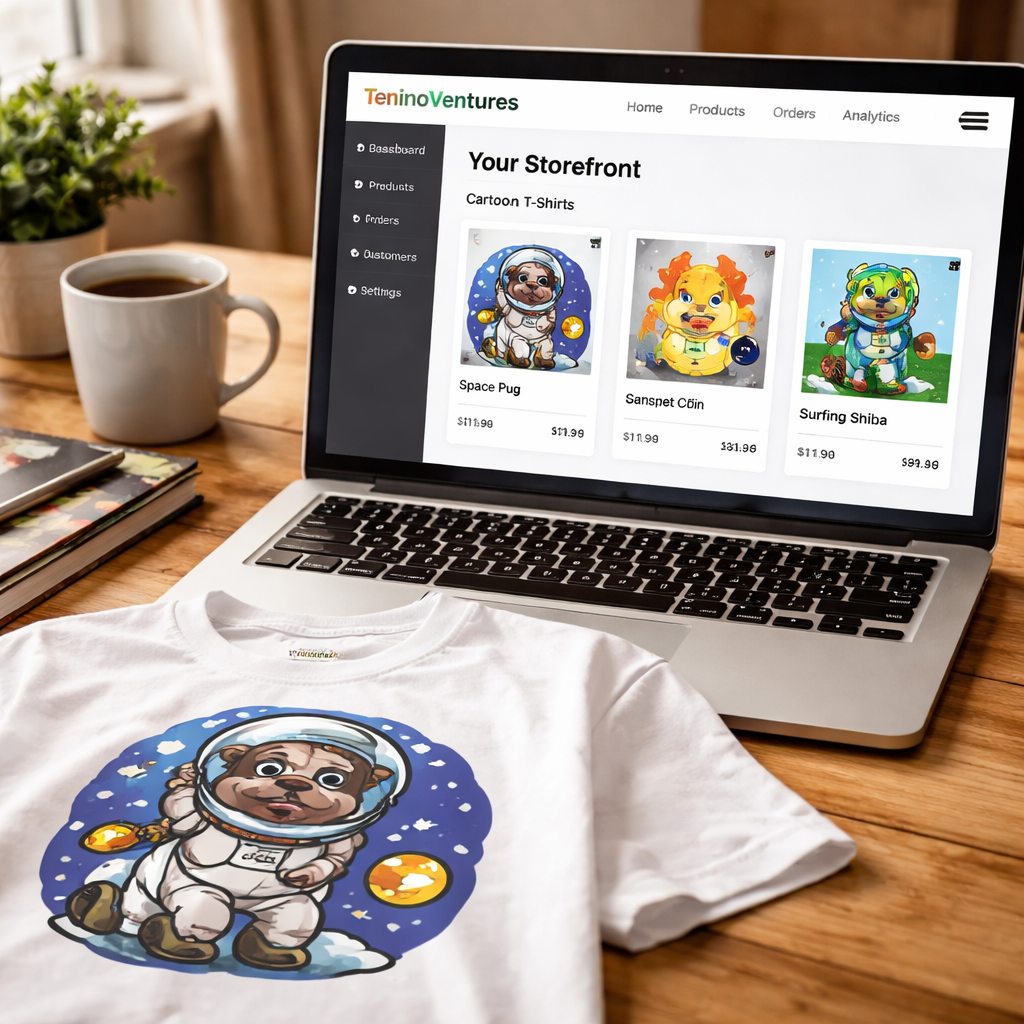 A photorealistic scene of a laptop screen showing a TeninoVentures storefront dashboard with cartoon t‑shirt listings, beside a printed shirt on a wooden table, natural lighting. Alt: custom cartoon t‑shirt print on demand storefront setup