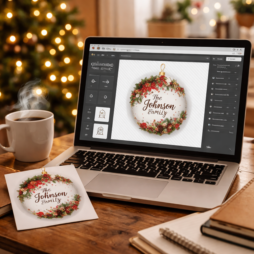 A photorealistic scene of a home office desk with a laptop open to a design platform UI, a transparent PNG of a Christmas ornament design displayed on screen, a printed sample ornament beside a steaming cup of coffee, warm holiday lighting in the background, Realism style, appealing to busy moms, dads, teachers, and nurses.