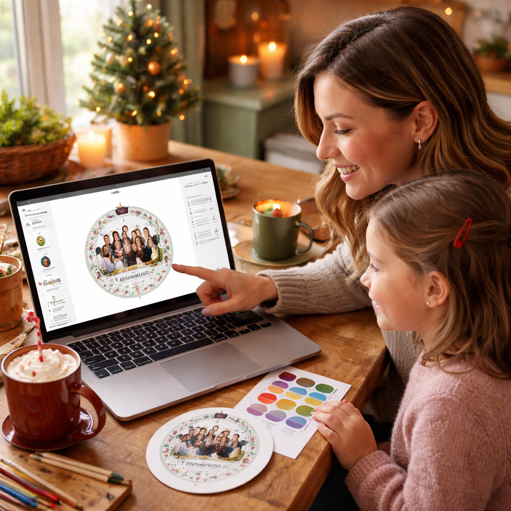 A photorealistic scene of a mom and child at a cozy kitchen table, designing a custom Christmas ornament on a laptop with a proof ornament, color swatches, and hot cocoa nearby, natural window light, Portland-like home setting, appealing to Moms and Teachers. Alt: Realistic home workspace for designing a custom Christmas ornament on demand.
