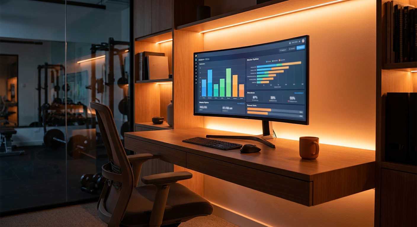 A photorealistic scene of a modern gym management office with a large monitor showing a custom CRM dashboard with color-coded member pipelines, attendance data, and automated renewal alerts, warm orange accent lighting reflecting off the desk. Alt: Custom AI CRM dashboard for gym and coaching institute management by Harmiz