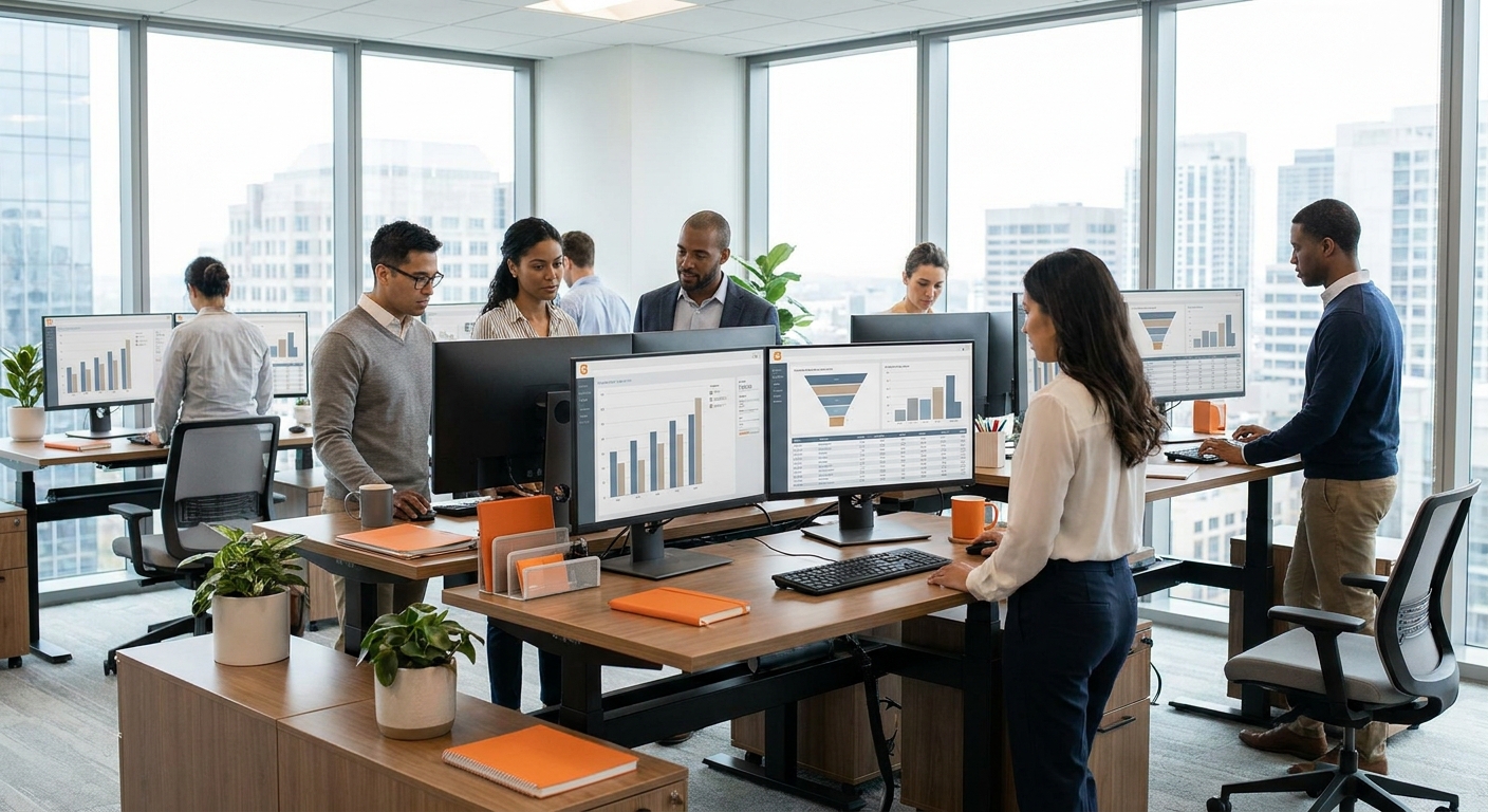 A professional open-plan enterprise office environment with employees at standing desks reviewing enterprise-style pipeline charts on dual monitors, natural light from floor-to-ceiling windows, clean modern aesthetic. Alt: Enterprise team using an enterprise-grade custom CRM for pipeline management