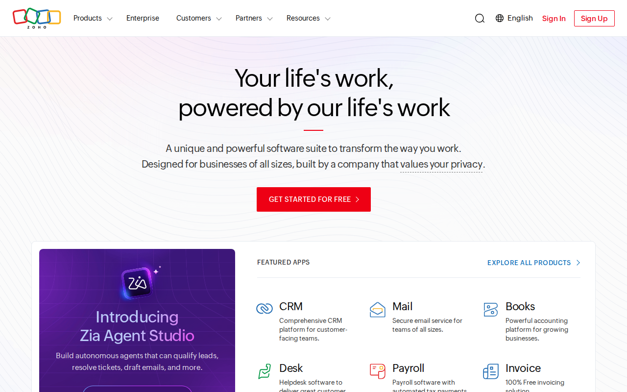 Zoho platform homepage