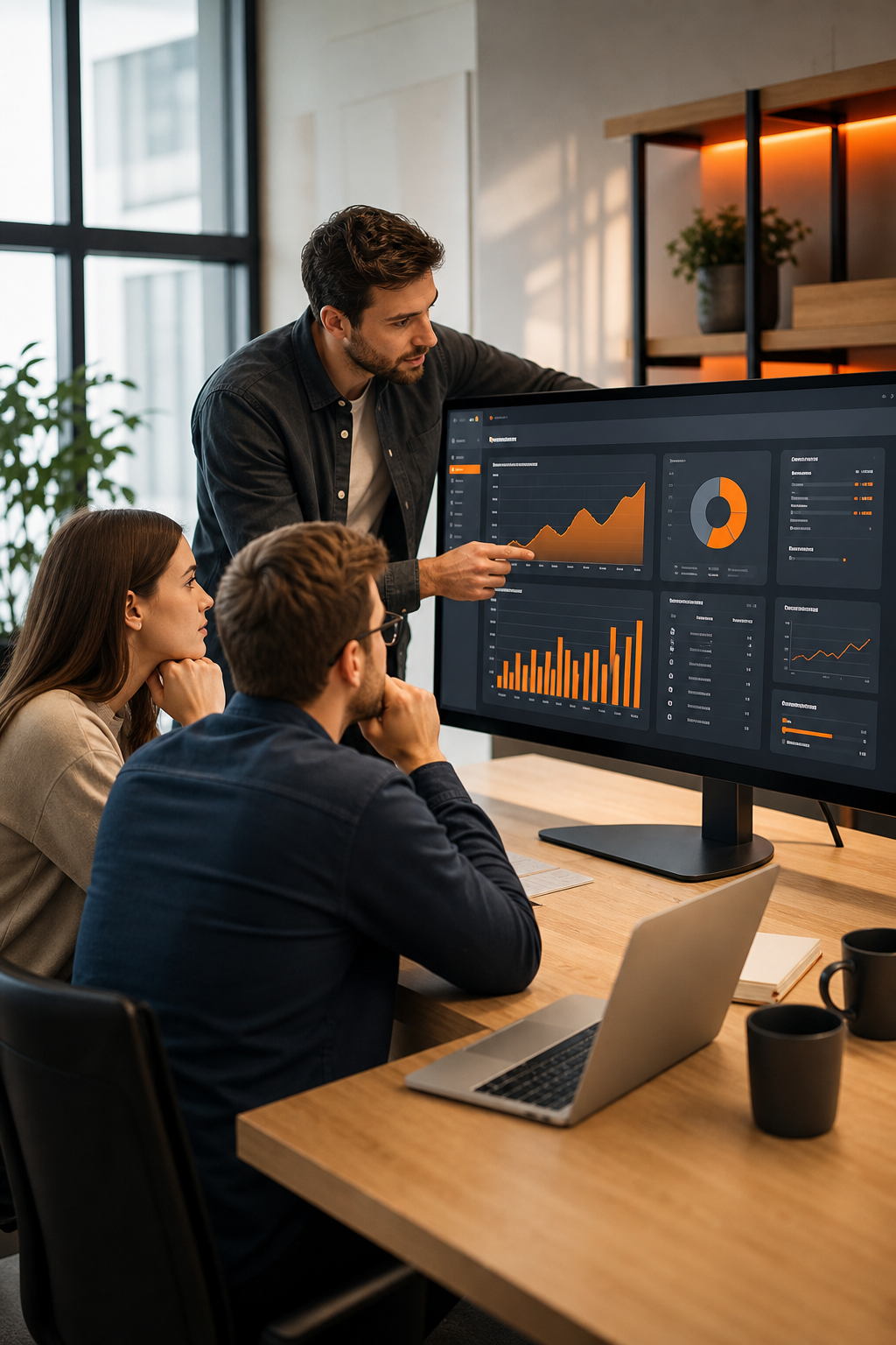 A focused software team reviewing a custom CRM dashboard on a large monitor in a bright modern office, warm orange accent lighting on the screen. Alt: Custom CRM software development team building a tailored business solution.