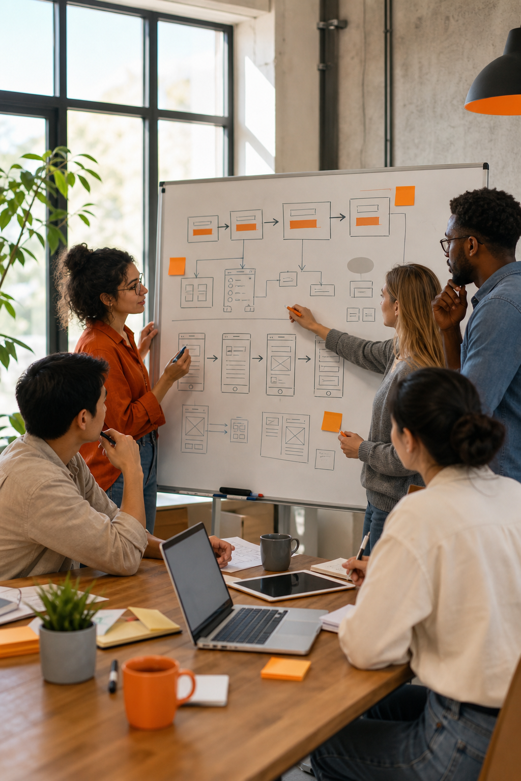 A diverse group of developers and designers collaborating around a whiteboard covered in CRM pipeline diagrams and user flow sketches in a sunlit office. Alt: Full-service agency planning the custom CRM software development process.