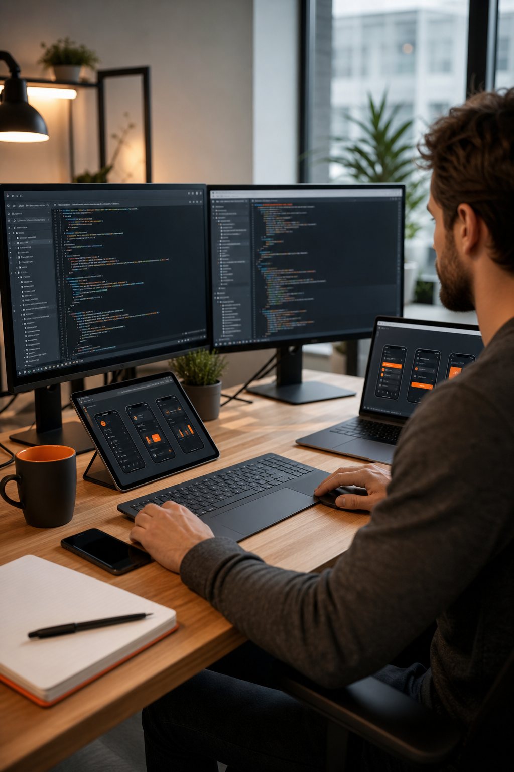 A realistic desktop workspace with a developer reviewing code on multiple monitors, showing a sleek cross‑platform UI prototype, realistic lighting and a modern office environment.