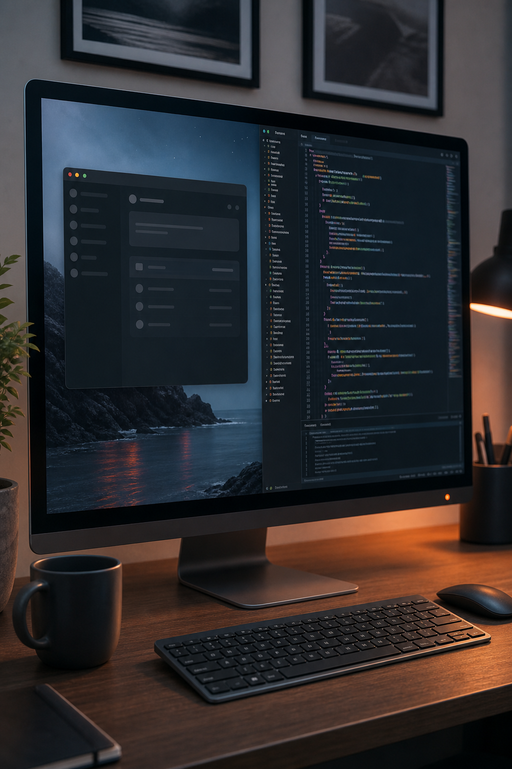 A photorealistic illustration of a developer’s screen showing an Electron‑based app window beside a code editor, with subtle reflections and a modern desk setting.