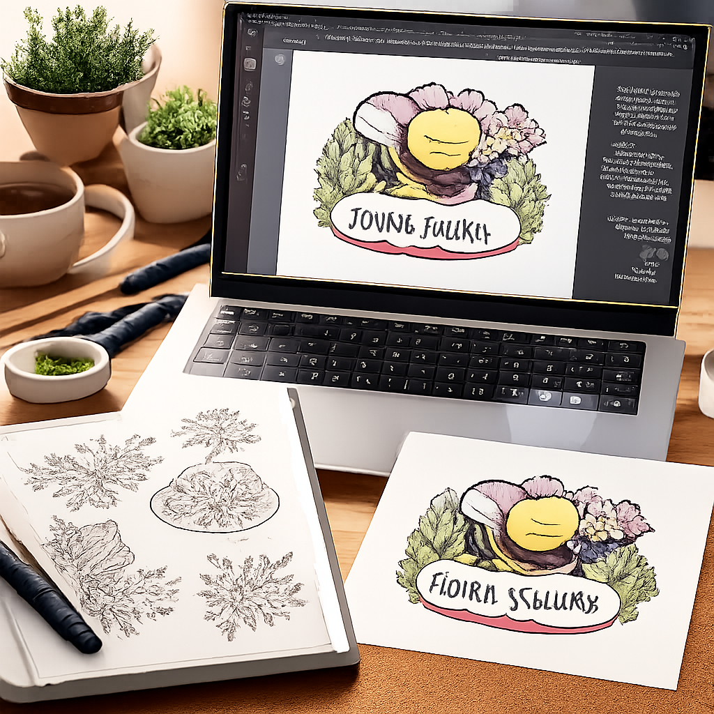 A photorealistic close‑up of a designer’s workspace showing a vector file on a laptop screen, a 300 dpi transparent PNG of a simple enamel pin design, and a sketch notebook with doodles. Alt: custom enamel pin design workflow in realistic style.