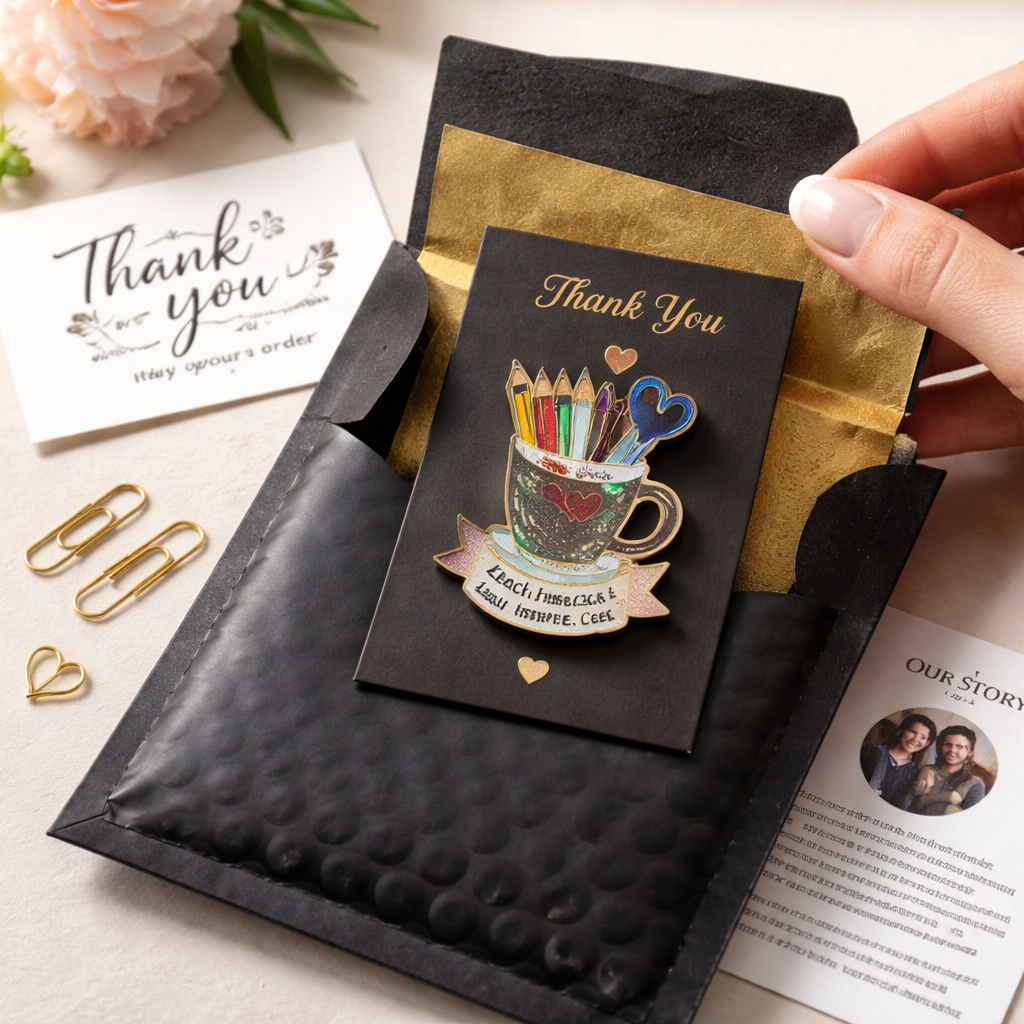 A photorealistic scene of a custom enamel pin being placed into a branded mailer, with a matte black envelope and a gold‑lined inner sleeve, surrounded by a thank‑you note and a small story card, realistic lighting, targeting moms, dads, teachers, and nurses.