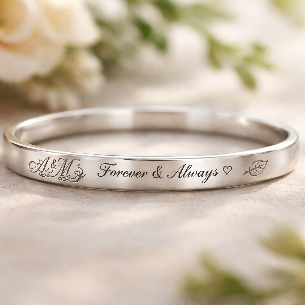 A photorealistic close‑up of a Swiss‑crafted bracelet showing various engraving styles – monogram letters, a short phrase, and a tiny leaf symbol, set against a soft natural background. Alt: custom engraved jewellery ideas showcasing different engraving styles.