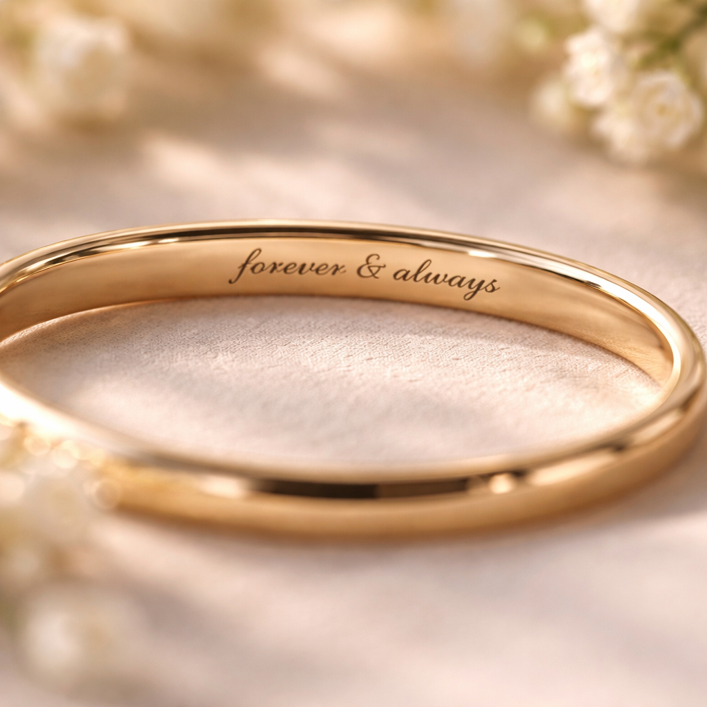 A photorealistic close‑up of a gold bracelet with a tiny engraved phrase on the inner band, soft natural lighting highlighting the metal and text. Alt: custom engraved jewellery ideas – hidden band engraving.