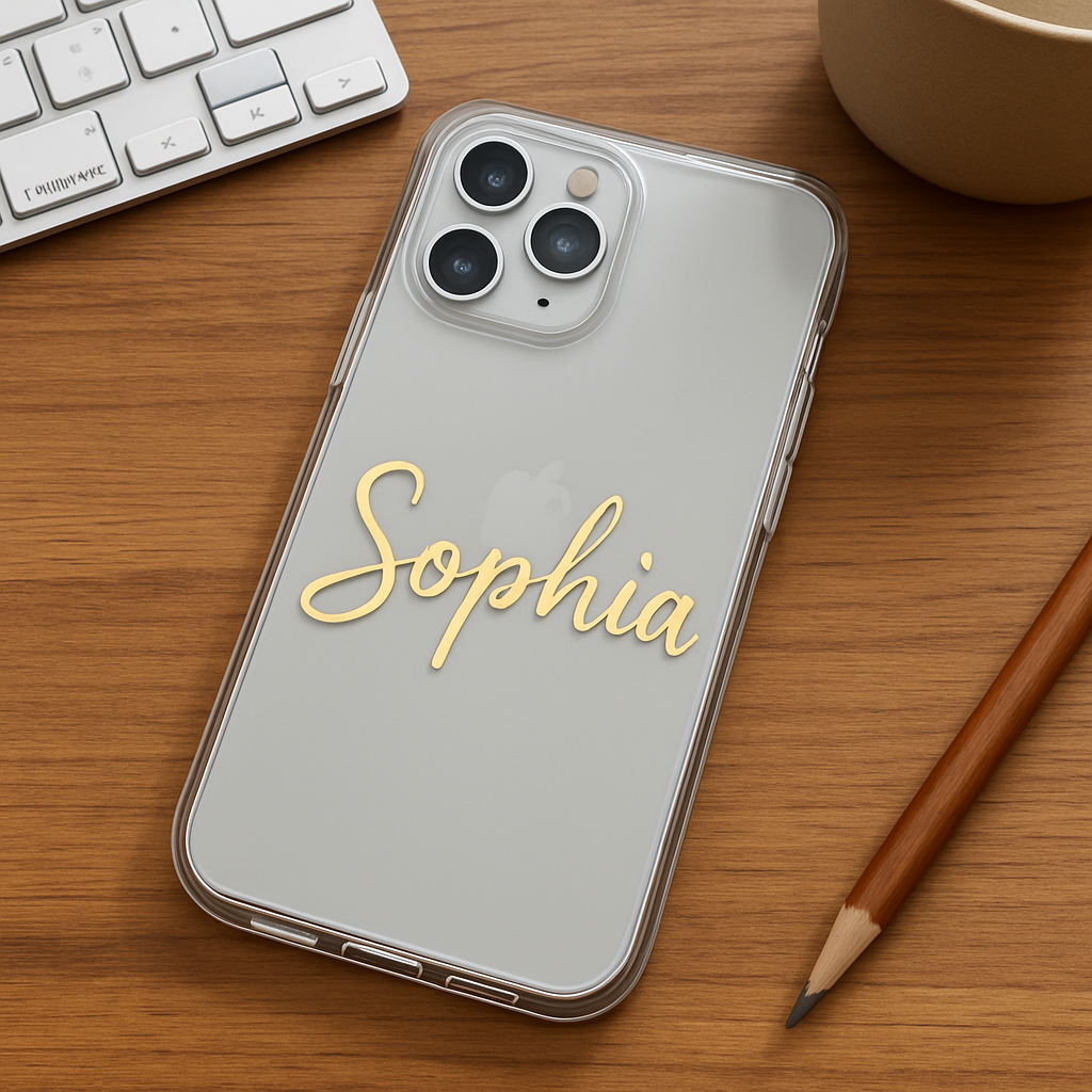 A modern smartphone on a wooden desk with a transparent custom name phone case displaying a stylish handwritten name in gold foil. Alt: custom name phone case personalized design on iPhone model.