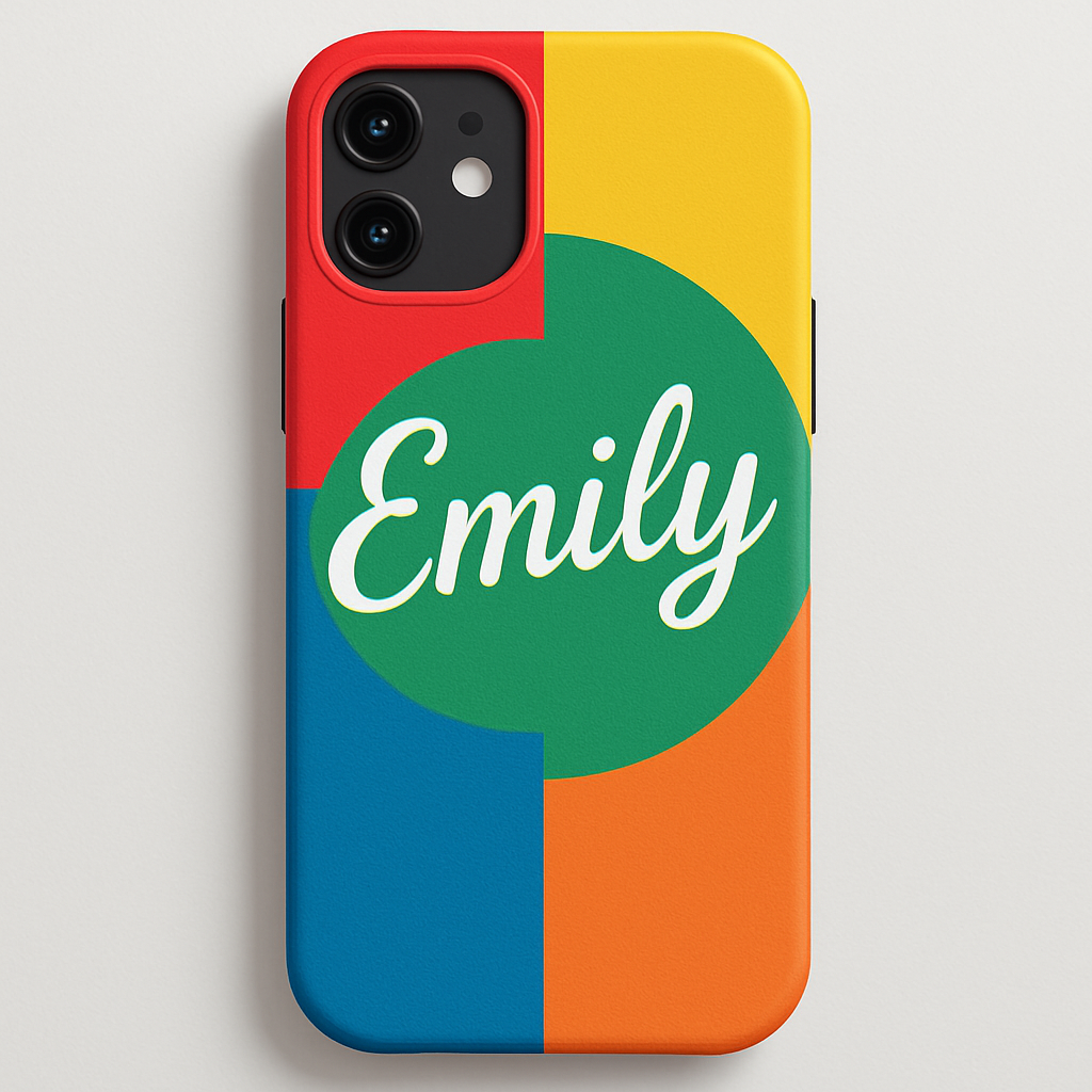A phone case with vibrant color blocks and a subtle graphic accent behind a custom name. Alt: custom name phone case with colorful graphic accents
