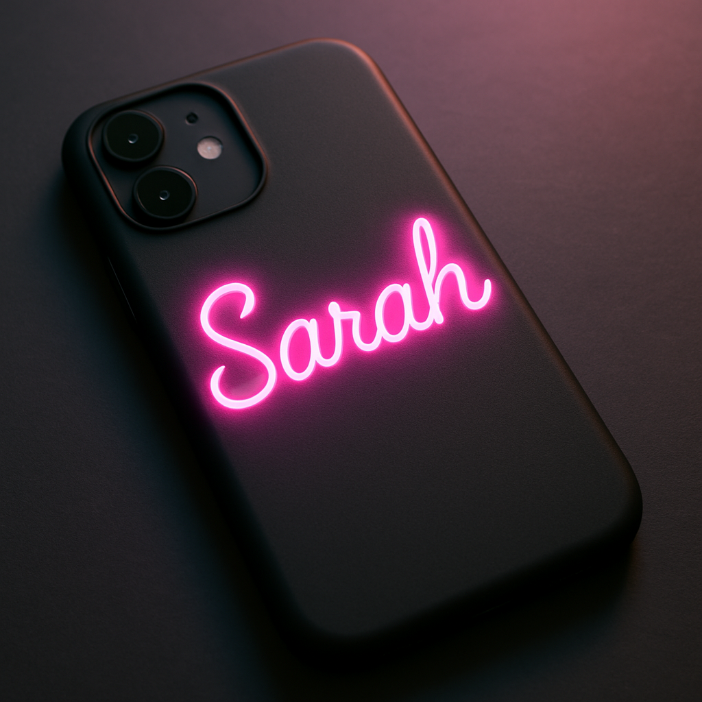A phone case with a neon pink name on a matte black background, glowing under soft light. Alt: Neon custom name phone case bright colors