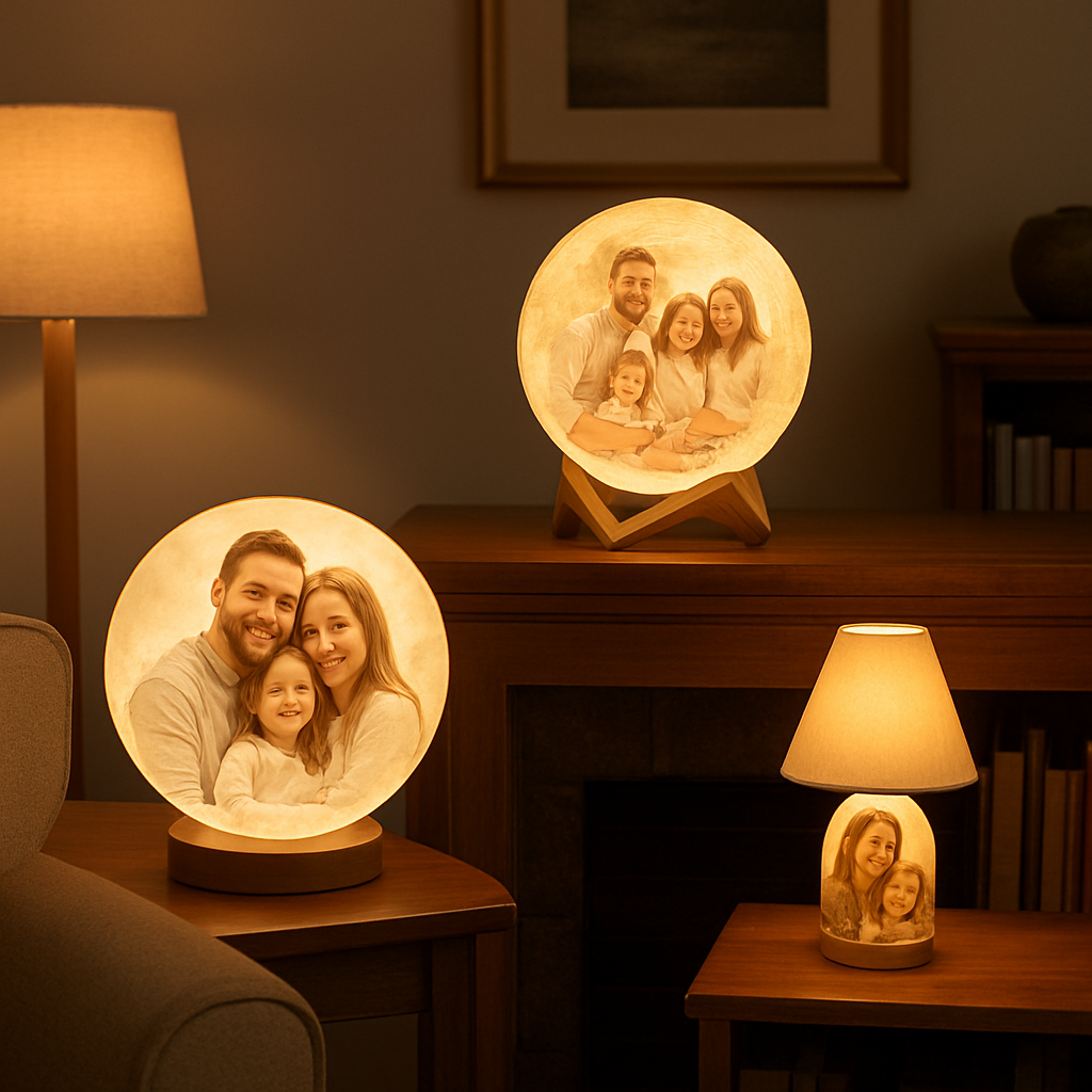 A cozy living room scene with three different custom photo LED lamps – a classic round lamp on a bedside table, a moon‑shaped lamp on a mantle, and a mini table lamp on a bookshelf. Alt: Comparison of top custom photo LED lamp styles in a home setting.