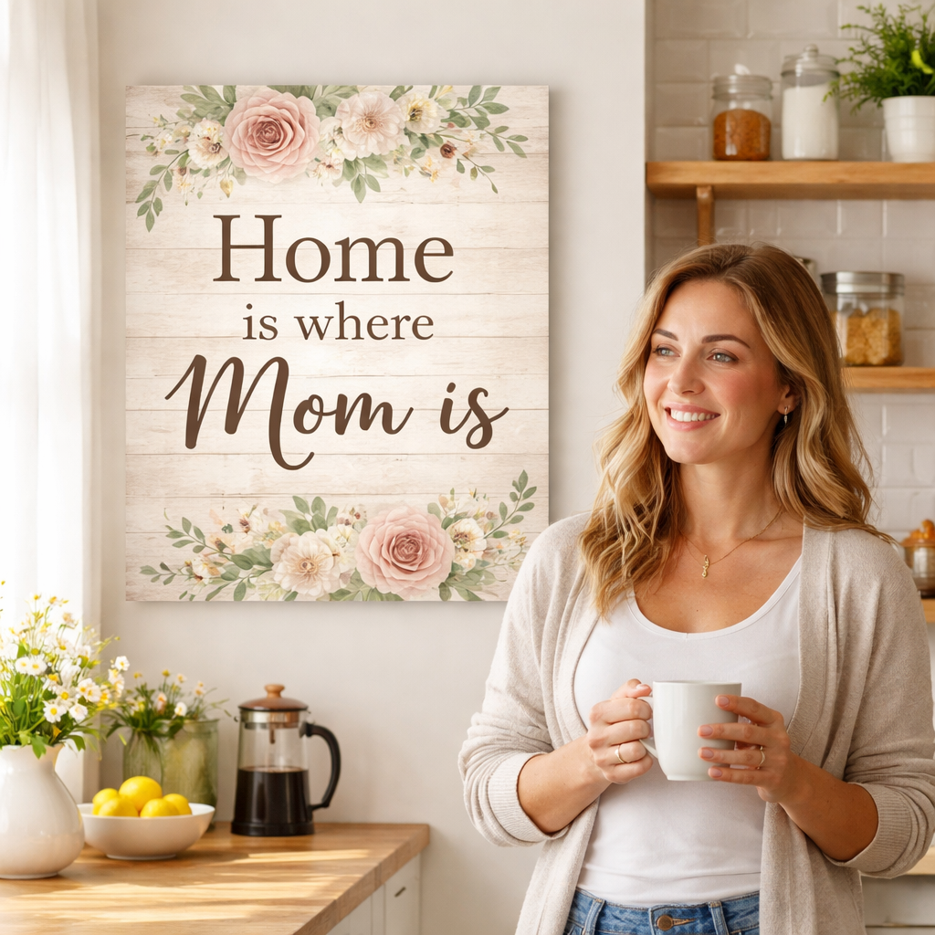 A photorealistic scene of a bright kitchen wall with a custom quote canvas, a mom smiling while holding a coffee mug, soft natural light, realistic textures, showcasing the product in use. Alt: Custom quote wall art print on demand displayed in a home setting.