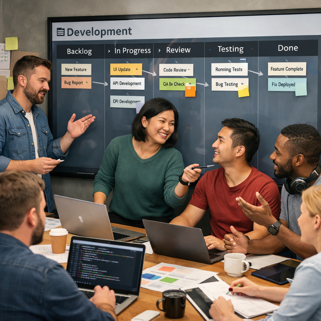 A realistic illustration of a development team collaborating around a digital Kanban board, showing fast iteration and clear communication. Alt: agile development workflow for faster time‑to‑market