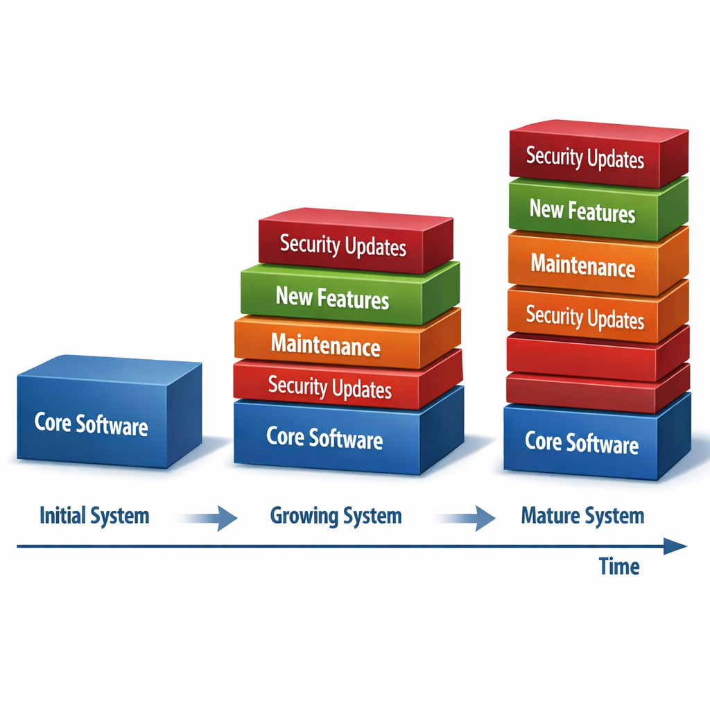 A realistic diagram showing a software system growing over time with layers for maintenance, new features, and security updates. Alt: scalable software architecture with ongoing support