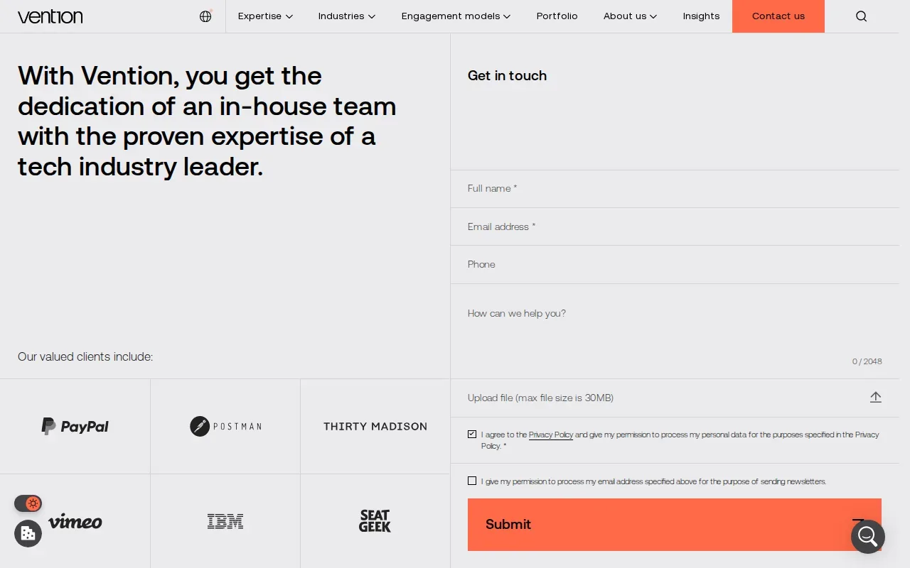 Screenshot of the Vention website
