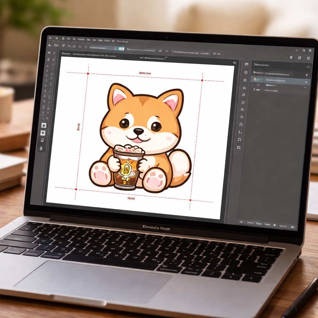 A photorealistic scene of a laptop screen showing a design file with rulers and bleed marks for a custom sticker pack, realistic lighting, showing a simple cartoon animal sticker in a design program. Alt: Custom sticker pack design file with correct size and bleed.