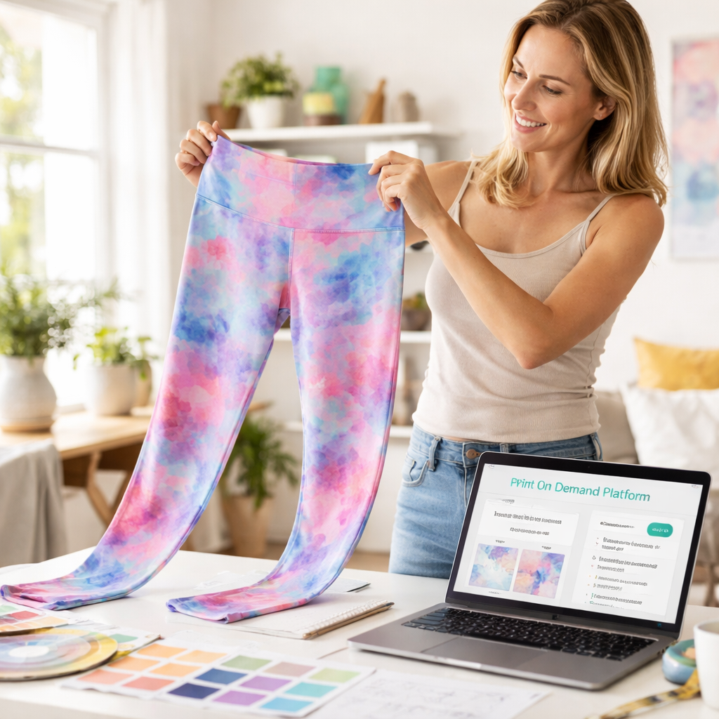 A photorealistic scene of a bright home studio where a mom is holding a pair of custom‑printed yoga leggings, the fabric stretching smoothly as she moves, with a laptop open to a POD platform dashboard showing fabric specs and a sample order confirmation. Alt: Custom yoga leggings print on demand – choosing the right platform.