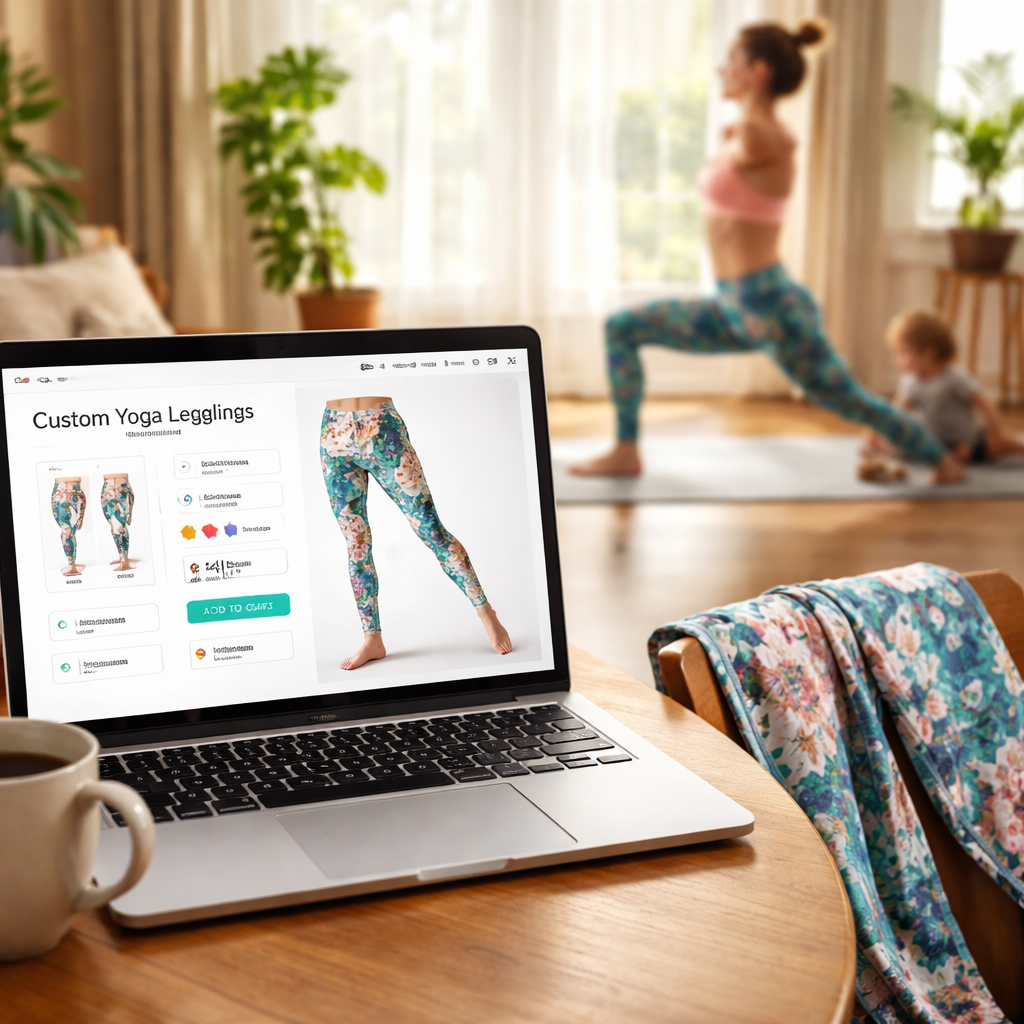 A Realism image showing a laptop screen with a custom yoga leggings product page open, beside a coffee mug, a pair of leggings draped over a chair, and a mom in yoga pose in the background. Alt: Custom yoga leggings print on demand store setup illustration.