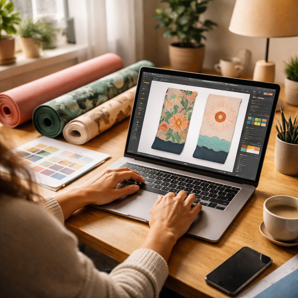 A photorealistic studio scene showing a designer working on a laptop with yoga mat mockups on the screen, soft natural lighting, realistic textures. Alt: custom yoga mat print on demand design process