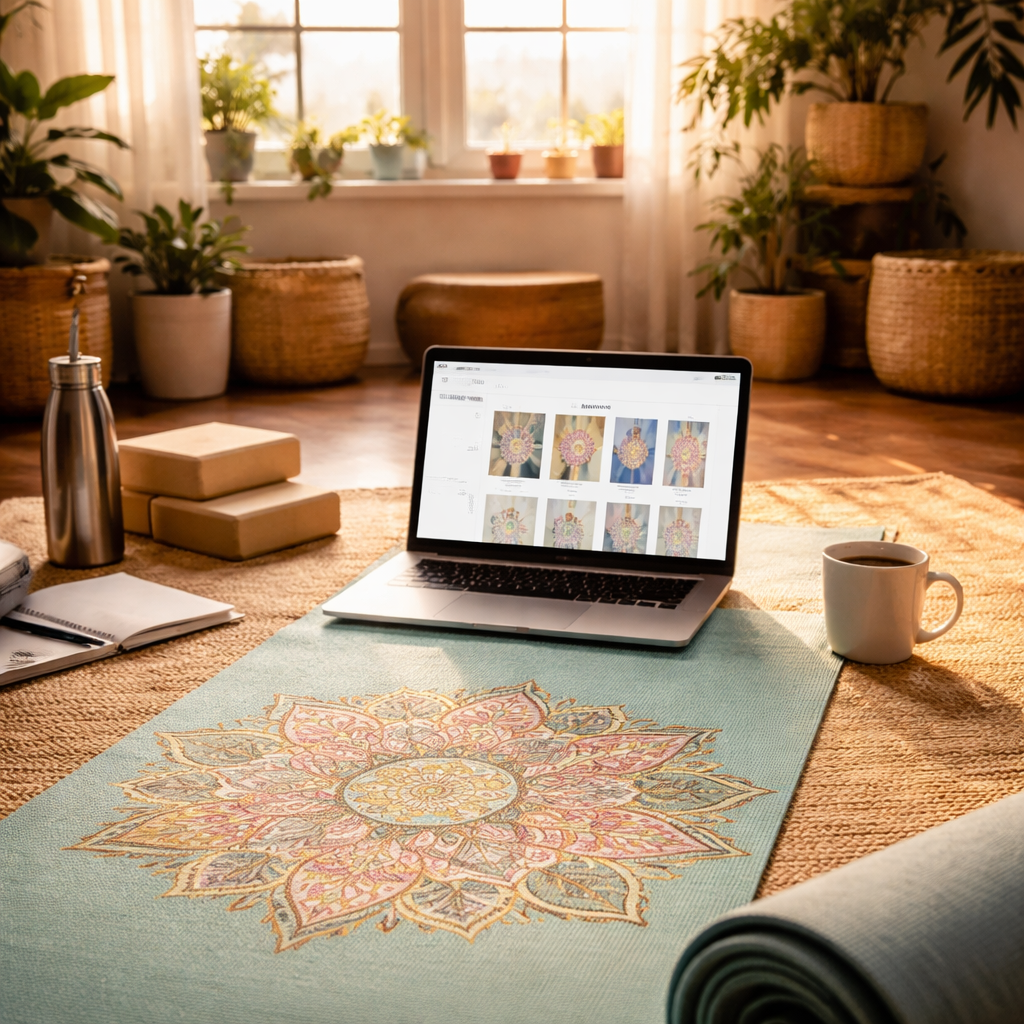 A realistic scene of a small home studio with a yoga mat rolled out, a laptop showing an online store, and a coffee cup, warm lighting, lifestyle vibe. Alt: custom yoga mat print on demand marketing setup