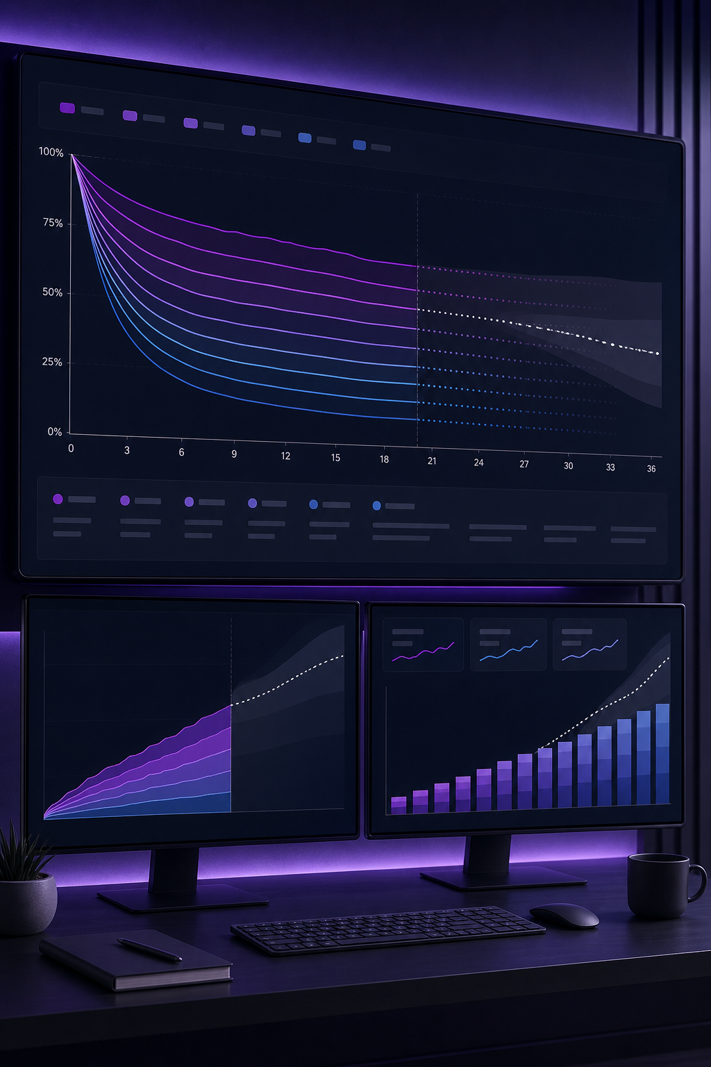 A realistic modern SaaS analytics room with several retention curves grouped by signup month, colored cohort bands, a forecast line extending into future months, and subtle purple and indigo lighting. The screens show abstract charts only, with no readable brand names, phone numbers, or invented labels. Alt: cohort based and predictive LTV model showing retention curves and SaaS revenue forecast.