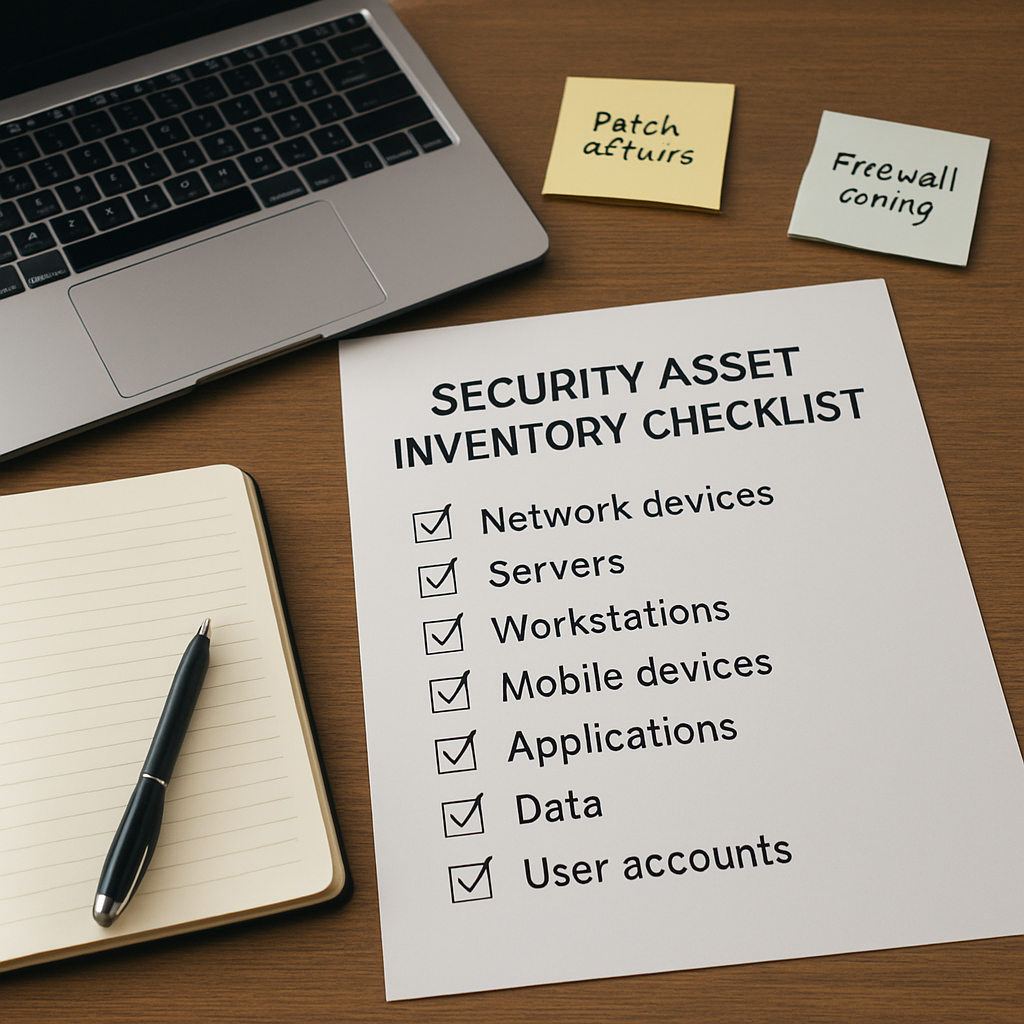 Security asset inventory checklist on a desk with a laptop, notepad, and sticky notes, emphasizing essential components for cyber incident response preparation for SMBs.