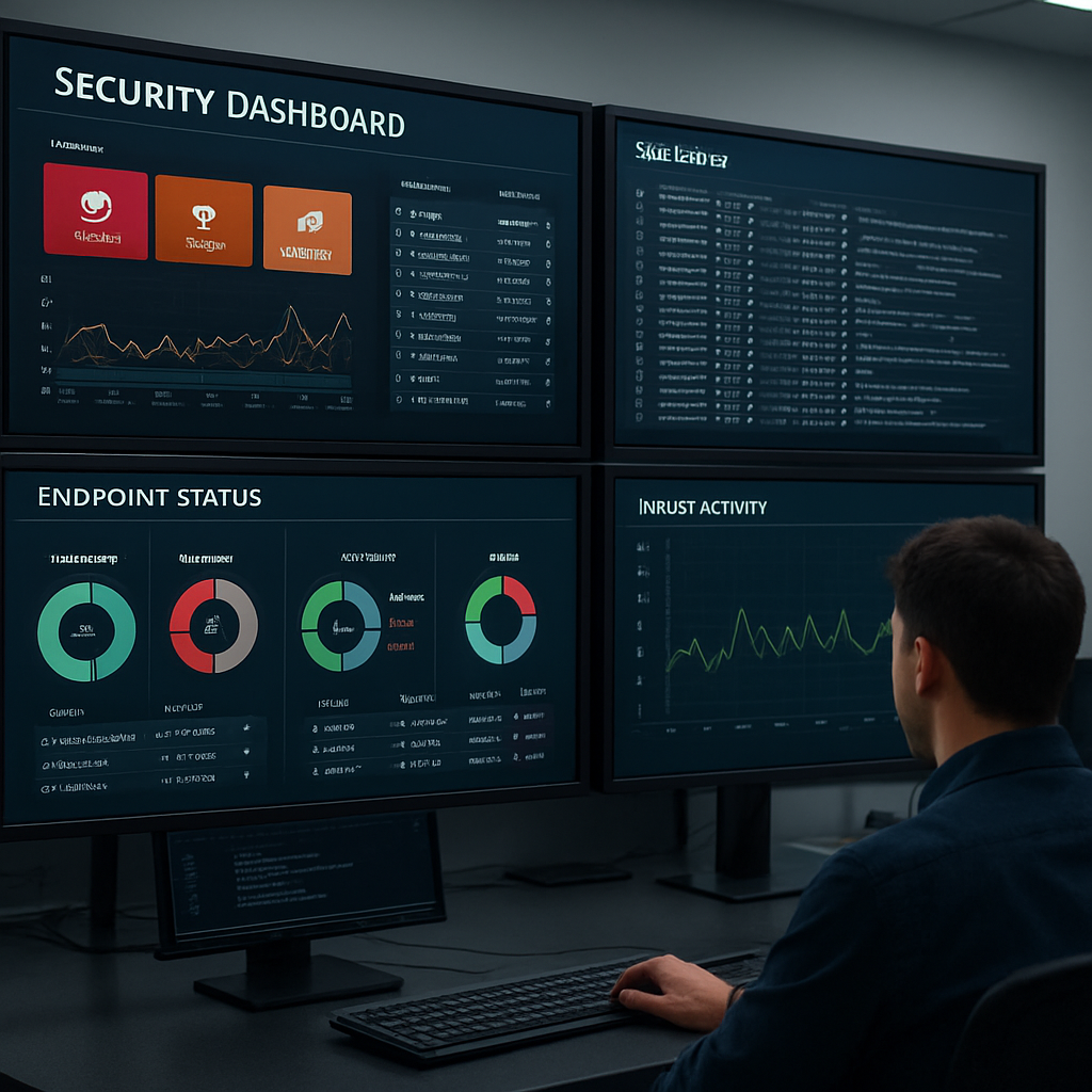 Security dashboard displaying real-time analytics, endpoint status, and intrusion activity, with a user monitoring multiple screens for cyber incident response.