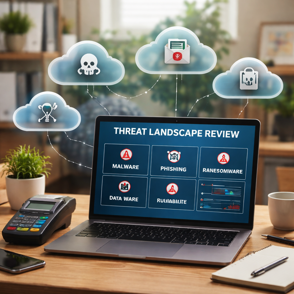 A realistic scene of a small Monterey office with a laptop, POS terminal, and cloud icons floating above, representing a threat landscape review. Alt: threat landscape review for small business cybersecurity