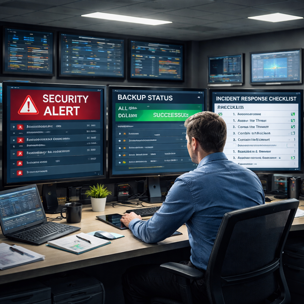A realistic illustration of a small business control room with screens showing security alerts, backup status, and a response checklist. Alt: ongoing monitoring and incident response plan for SMB cybersecurity