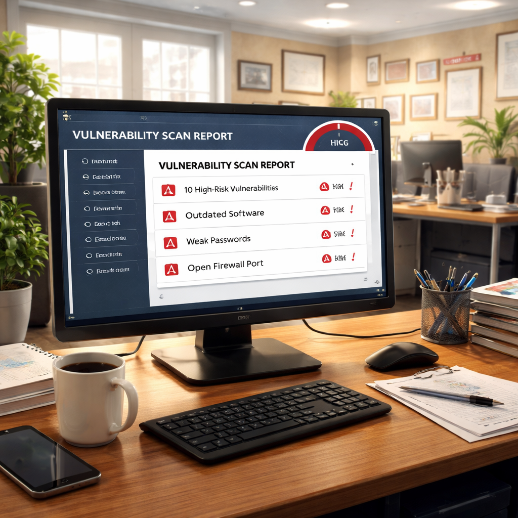A realistic illustration of a small business office with a computer screen showing a vulnerability scan report, highlighting red risk flags and a checklist overlay. Alt: vulnerability assessment visual for SMBs