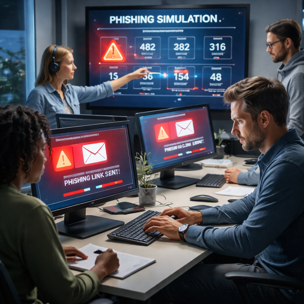 Realistic scene of a cybersecurity team running a simulated phishing attack on employee computers, with alert icons and a progress bar. Alt: phishing simulation visual for SMBs