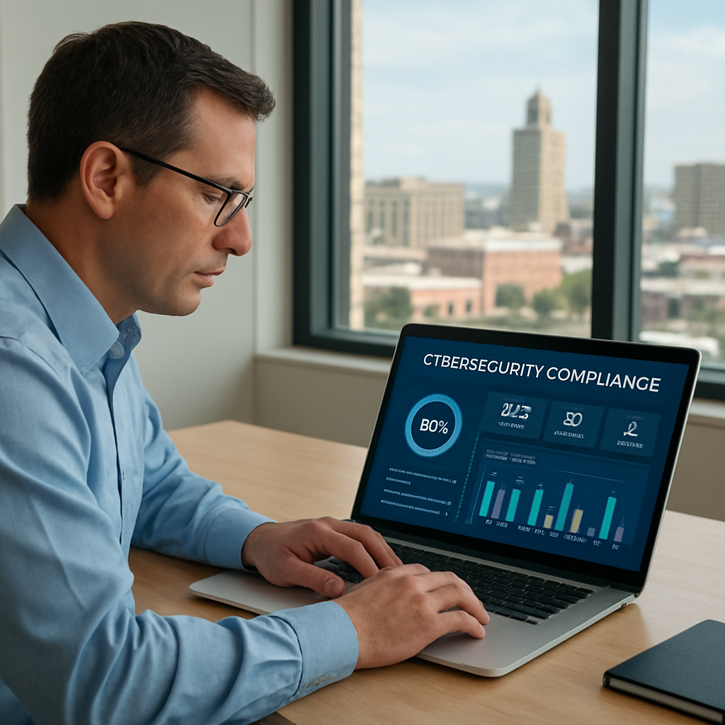 A realistic scene of an IT manager in a bright office reviewing a compliance dashboard on a laptop, with a city skyline of Salinas in the background. Alt: Cybersecurity compliance services overview for SMBs