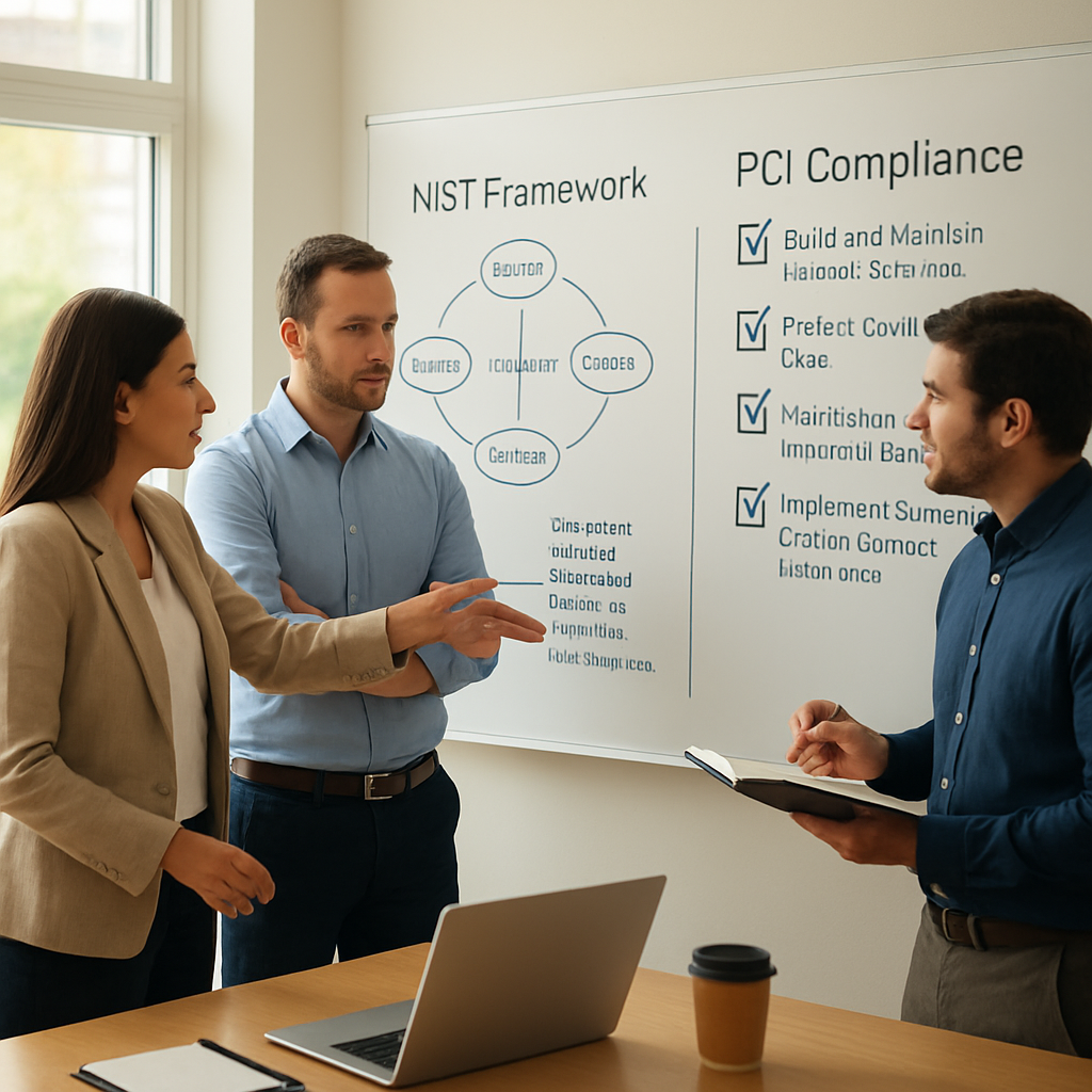 A realistic office scene showing a team collaborating around a whiteboard with NIST framework diagrams and PCI compliance checklists, bright natural lighting, focused on small‑to‑mid‑size business owners and IT managers. Alt: Cybersecurity compliance services in action