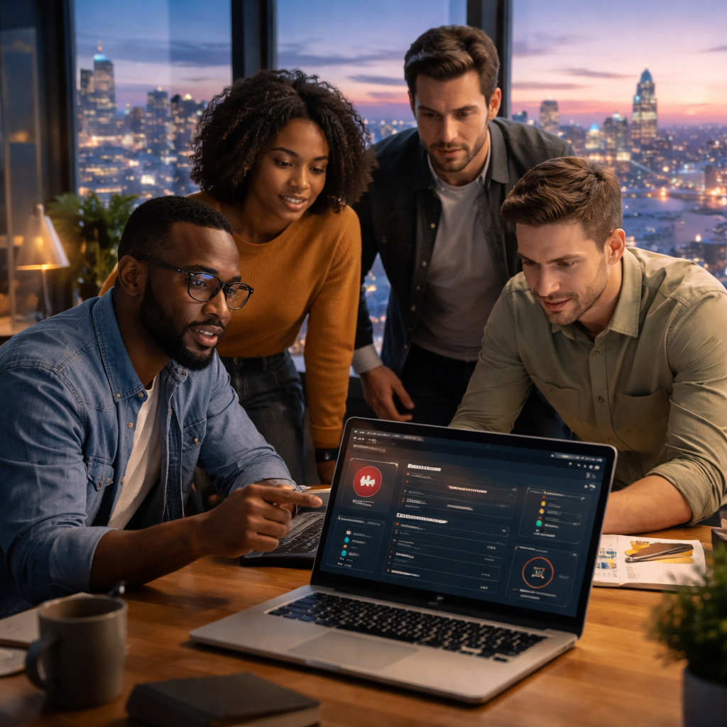 Group of diverse professionals reviewing cybersecurity data on a laptop in a modern office setting with a city skyline backdrop, highlighting collaboration and strategic planning for Bay Area SMB cybersecurity solutions.