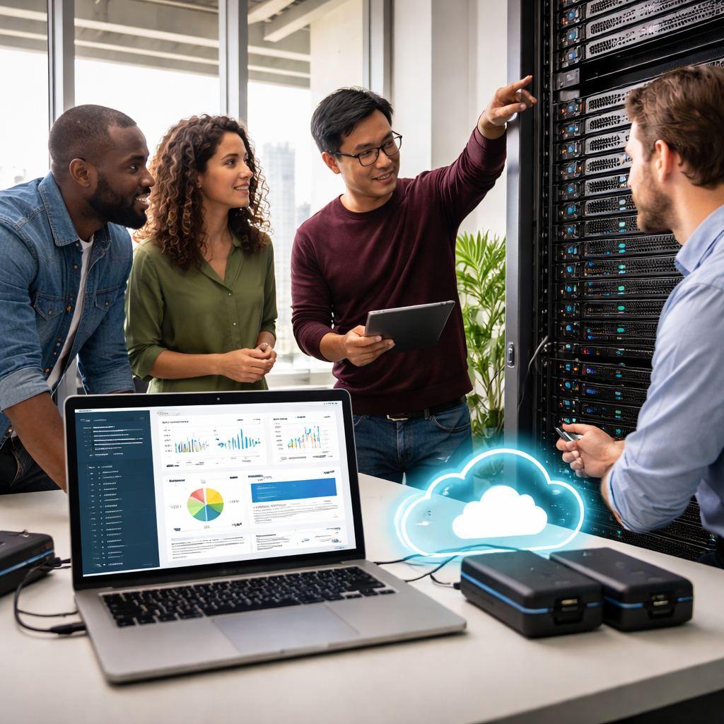 Group of diverse professionals discussing cybersecurity solutions in an office, with a laptop displaying data analytics and a cloud storage icon, emphasizing collaboration for SMB resilience in the Bay Area.