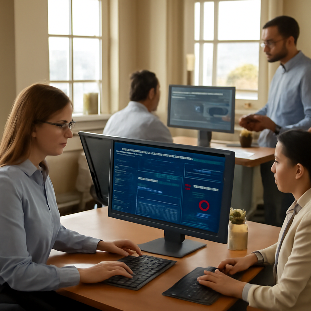 A busy coastal office with employees reviewing security dashboards, sunlight streaming through the windows, showing a modern tech setup in a small business. Alt: cybersecurity risk assessment in a Monterey small business office.