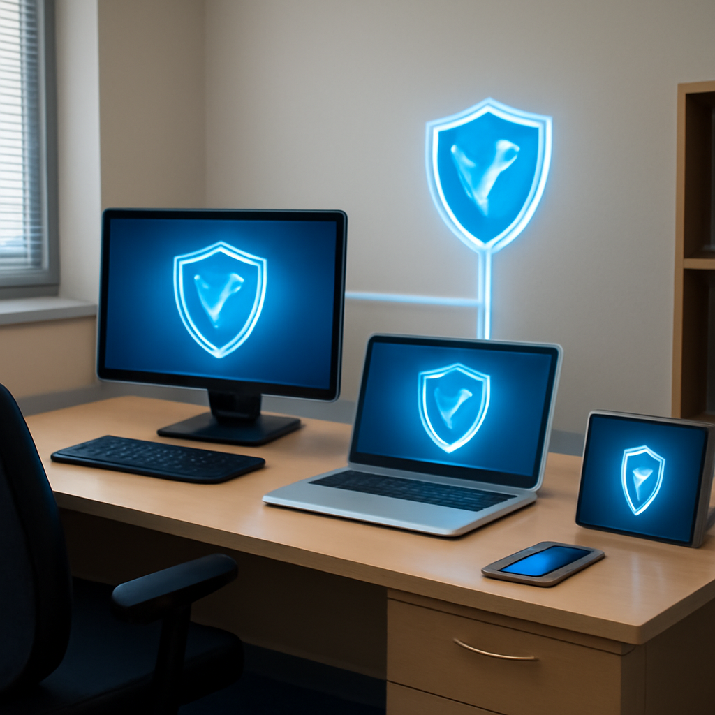 A small office with multiple devices connected to a secured network, showing a digital shield icon protecting each device. Alt: Endpoint and network security in a local business.