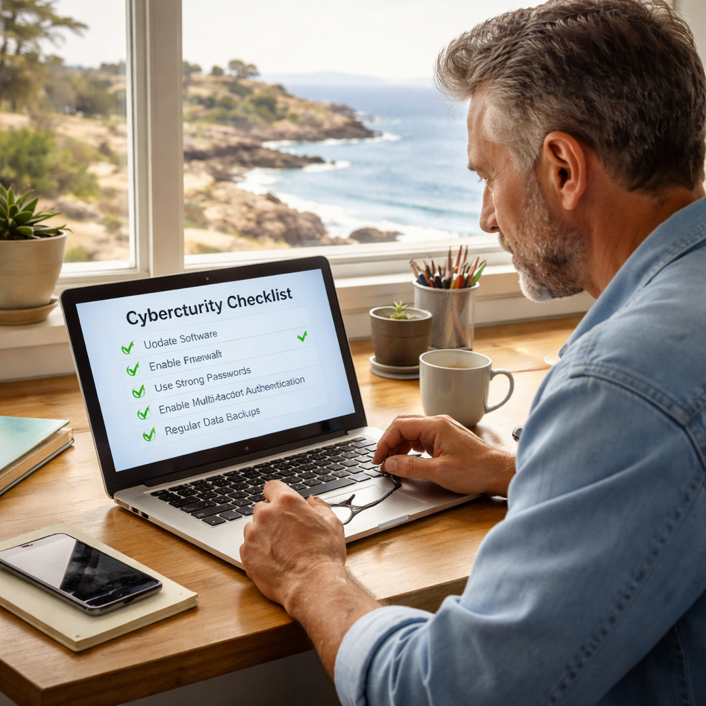 A photorealistic scene of a Monterey small business owner reviewing a cybersecurity checklist on a laptop, with a calm office environment and a view of the Monterey coastline through the window. Alt: Assessing cybersecurity posture for Monterey SMBs.